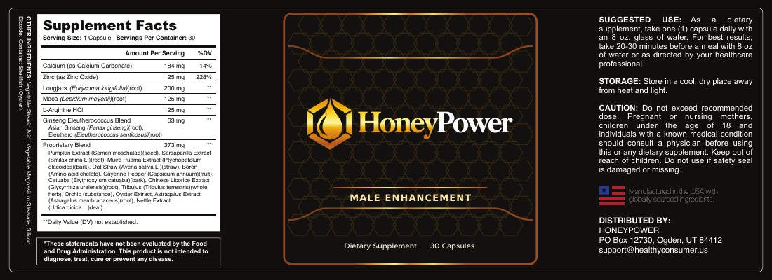 HoneyPower Supplement Facts — full product label, 30 capsules