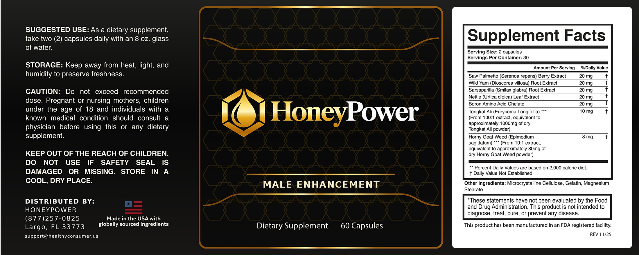 HoneyPower label with Supplement Facts, suggested use and storage